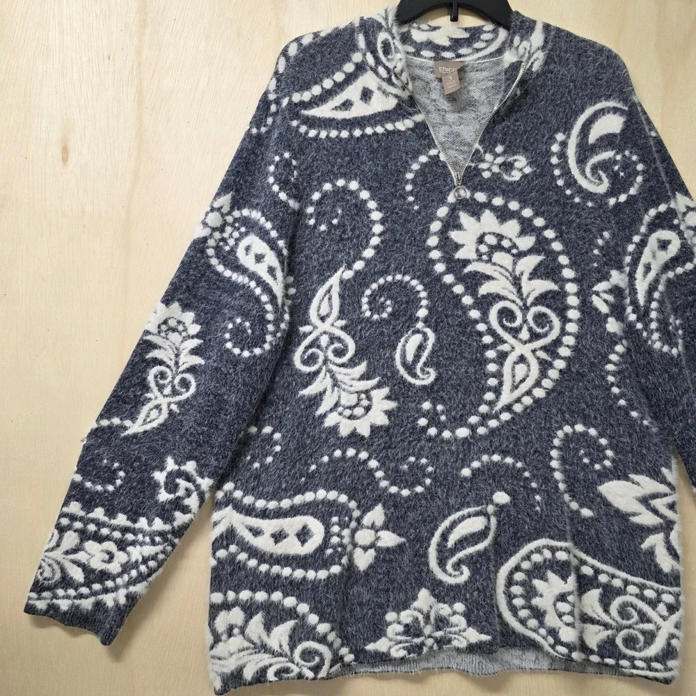 Chicos Navy Blue Paisley Eyelash Knit Quarter Zip Sweater Shimmer Size 3 Large
